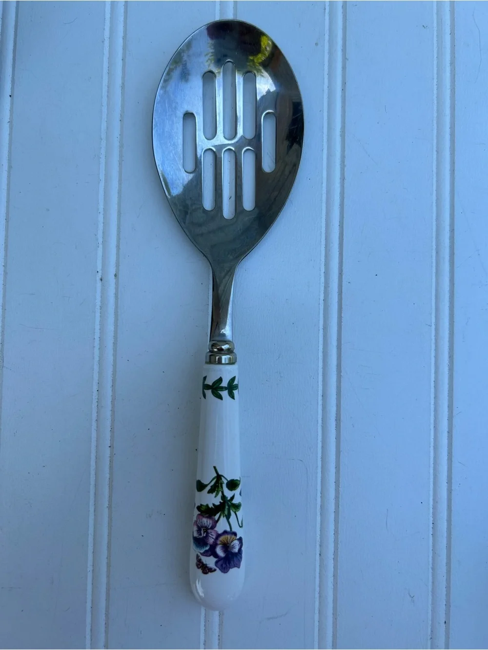 Portmeirion Spoon Floral Ceramic Handle Slotted Serving White Green Pansies